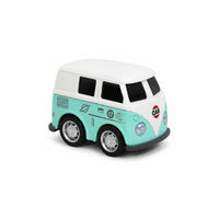 Light blue and white diecast pull-back van with black windows and silver wheels