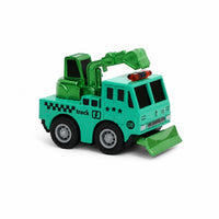 Green diecast pull-back construction truck with raised arm and front scoop