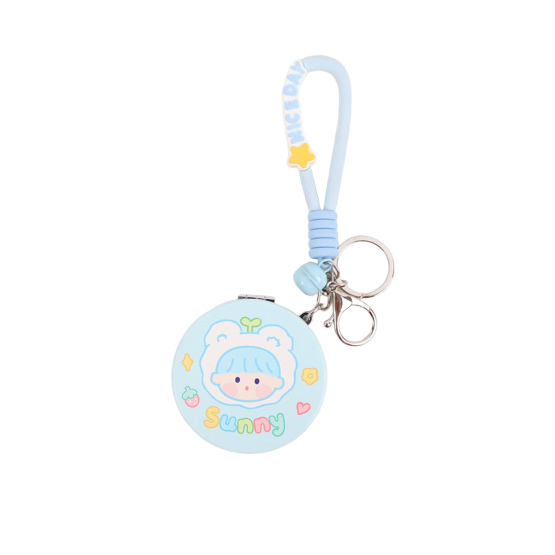 Rabbit charm compact mirror keychain, blue strap, round Sunny face