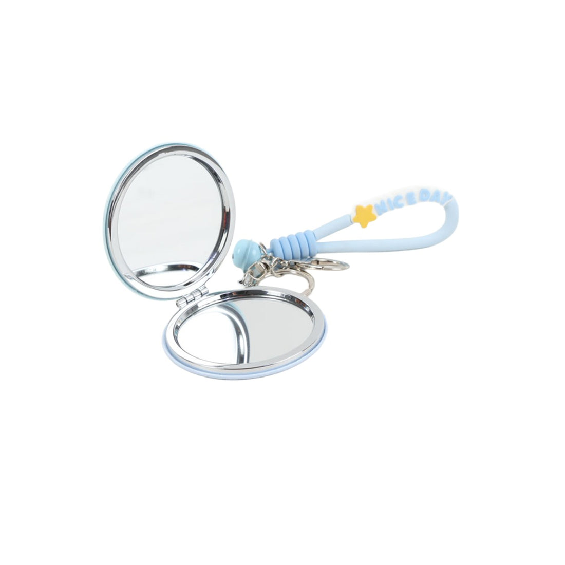 Blue ribbon rabbit charm compact mirror, open round silver case