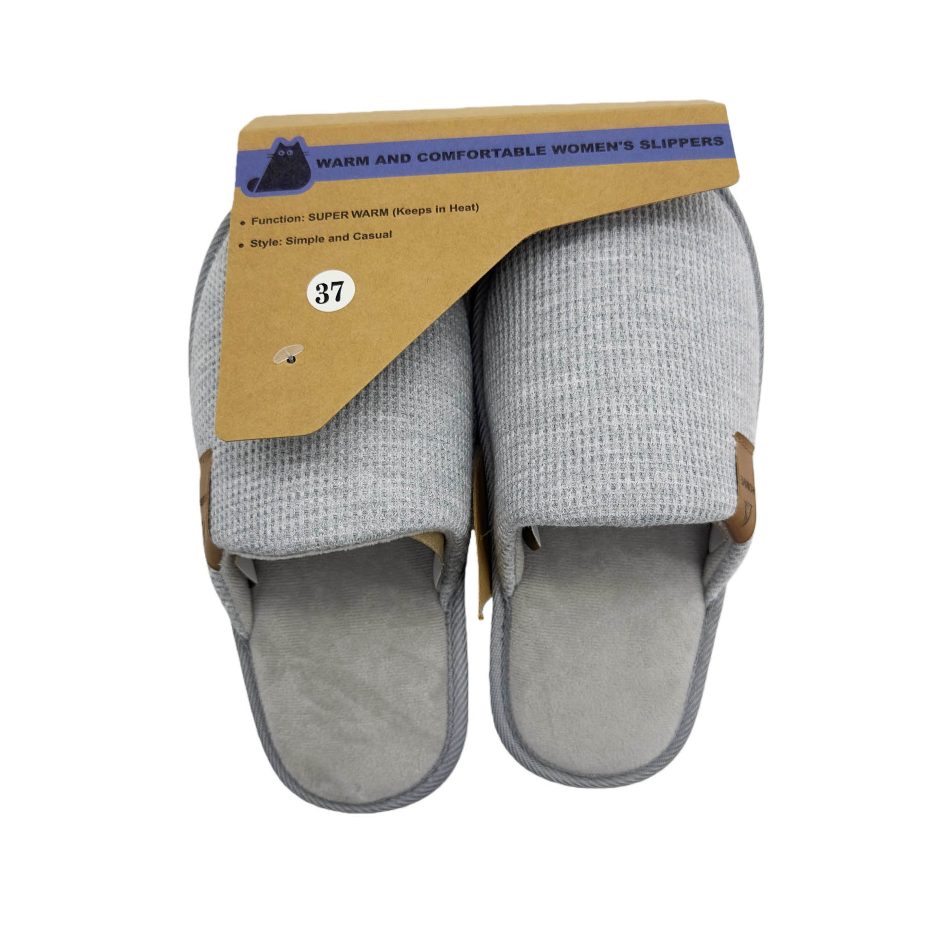 Women's slip-on slippers in light gray knit with tan trim, shown with retail hang tag