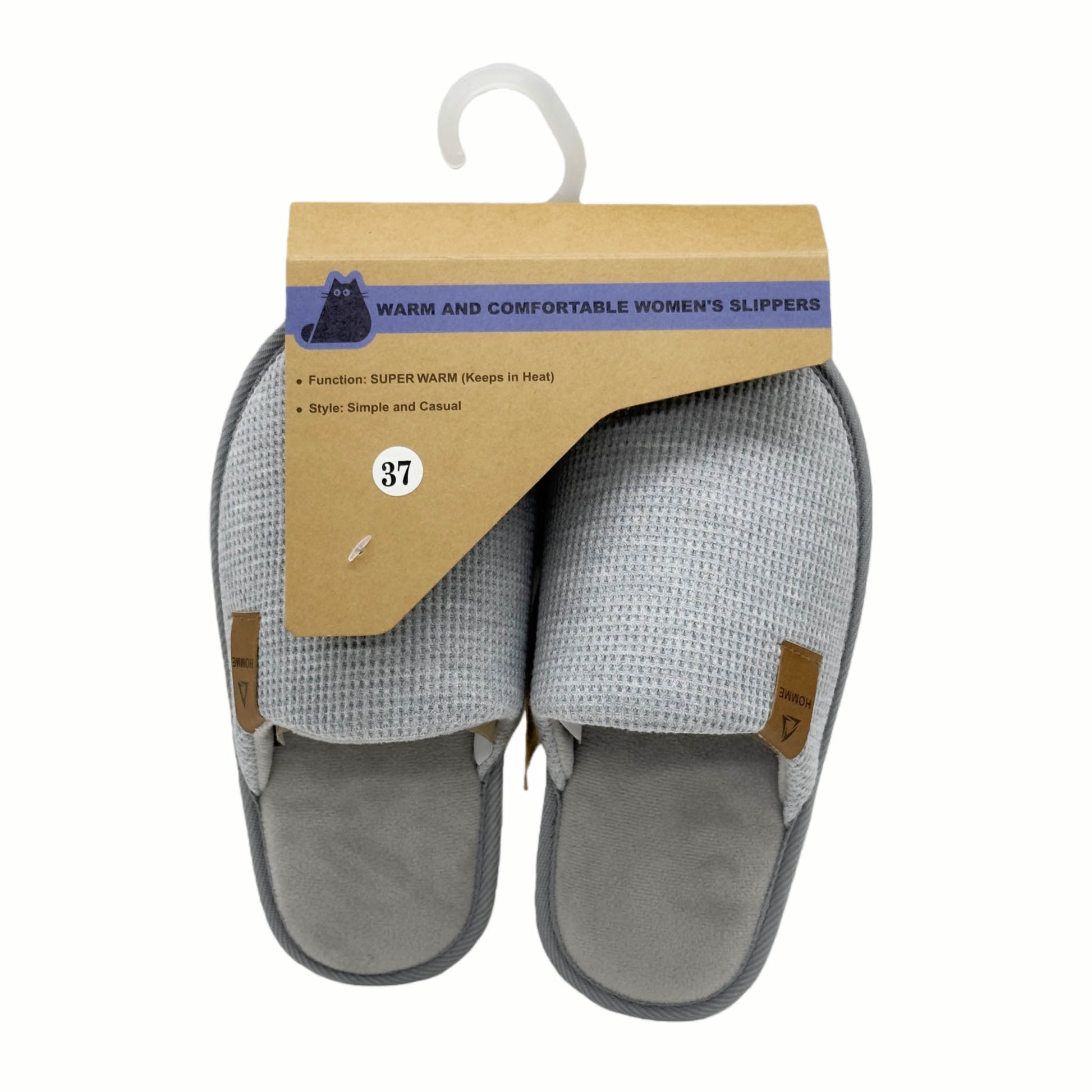 Women's slip-on slippers in light gray knit with tan heel accents, shown with size tag