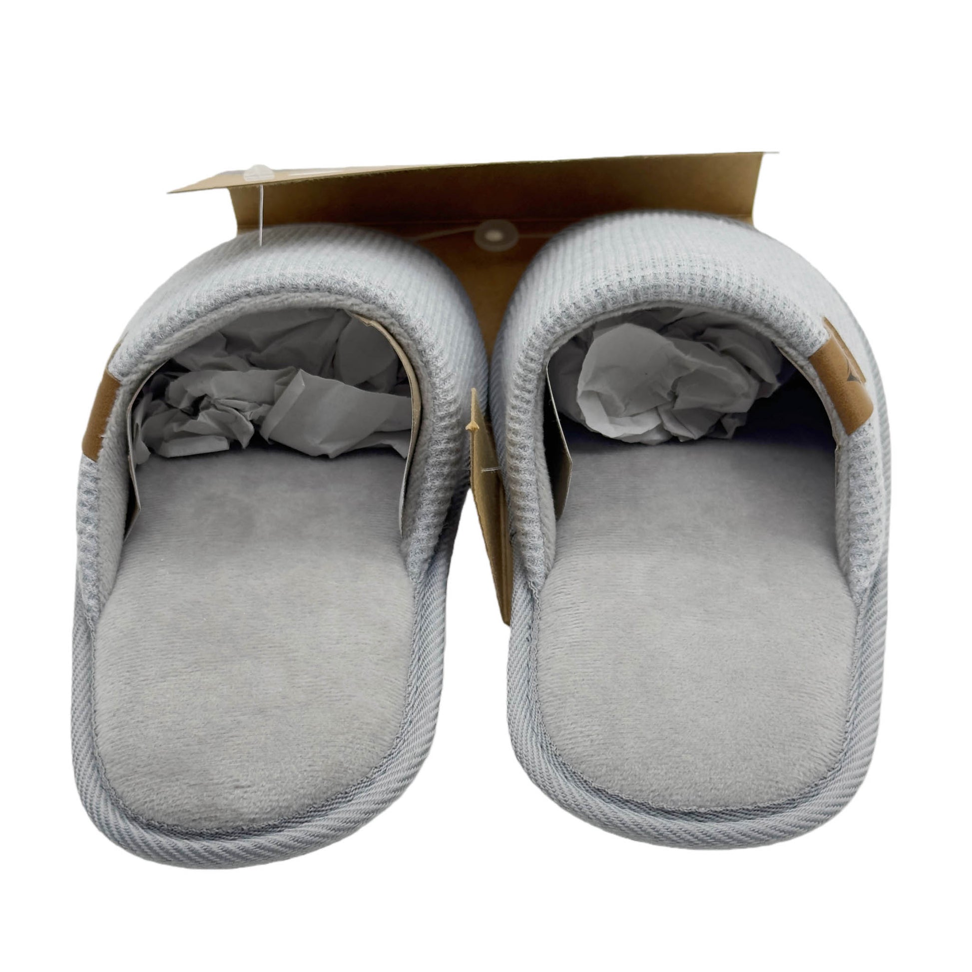 Women's slip-on slippers with light gray knit upper and soft gray insole, tops open