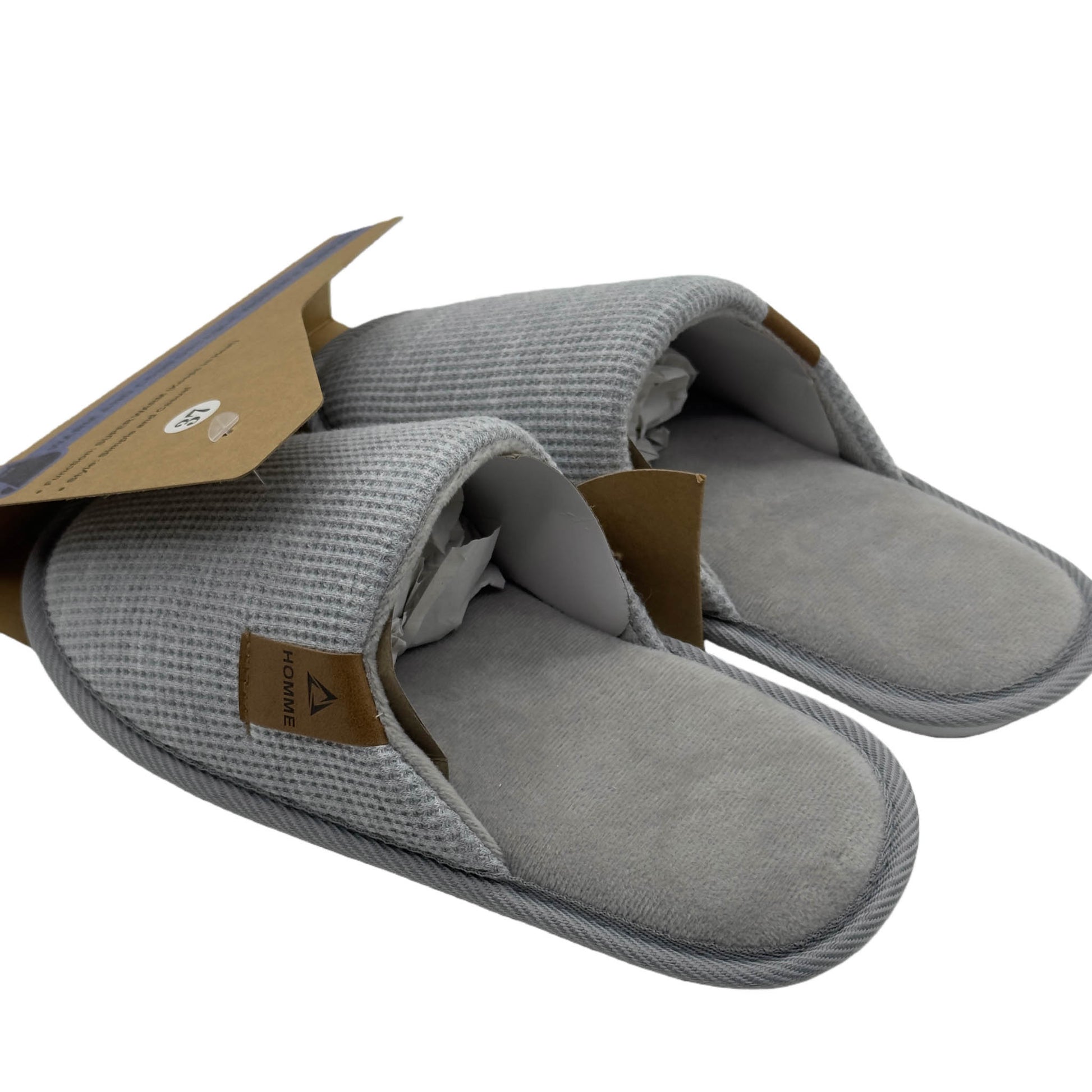 Women's slip-on slippers, light gray knit with tan heel patch, open toe front view