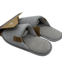Women's slip-on slippers, light gray knit with tan heel patch, open toe front view