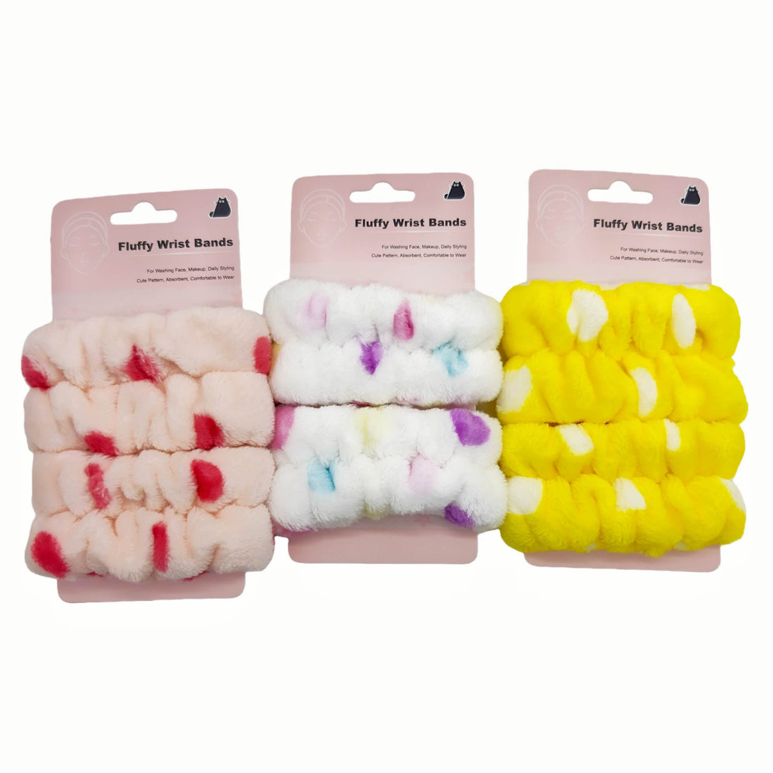 Fluffy wrist bands variety: red, pastel multicolor, and yellow packs