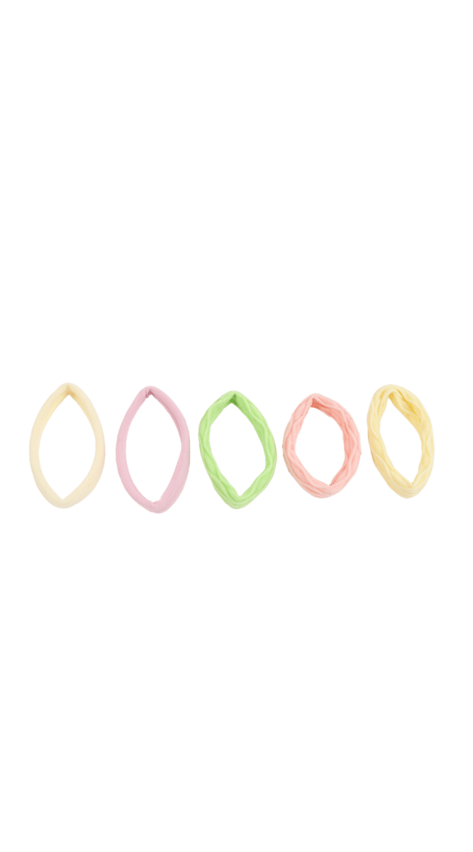 Five pastel hair ties: cream, pink, green, peach, and yellow elastic loops