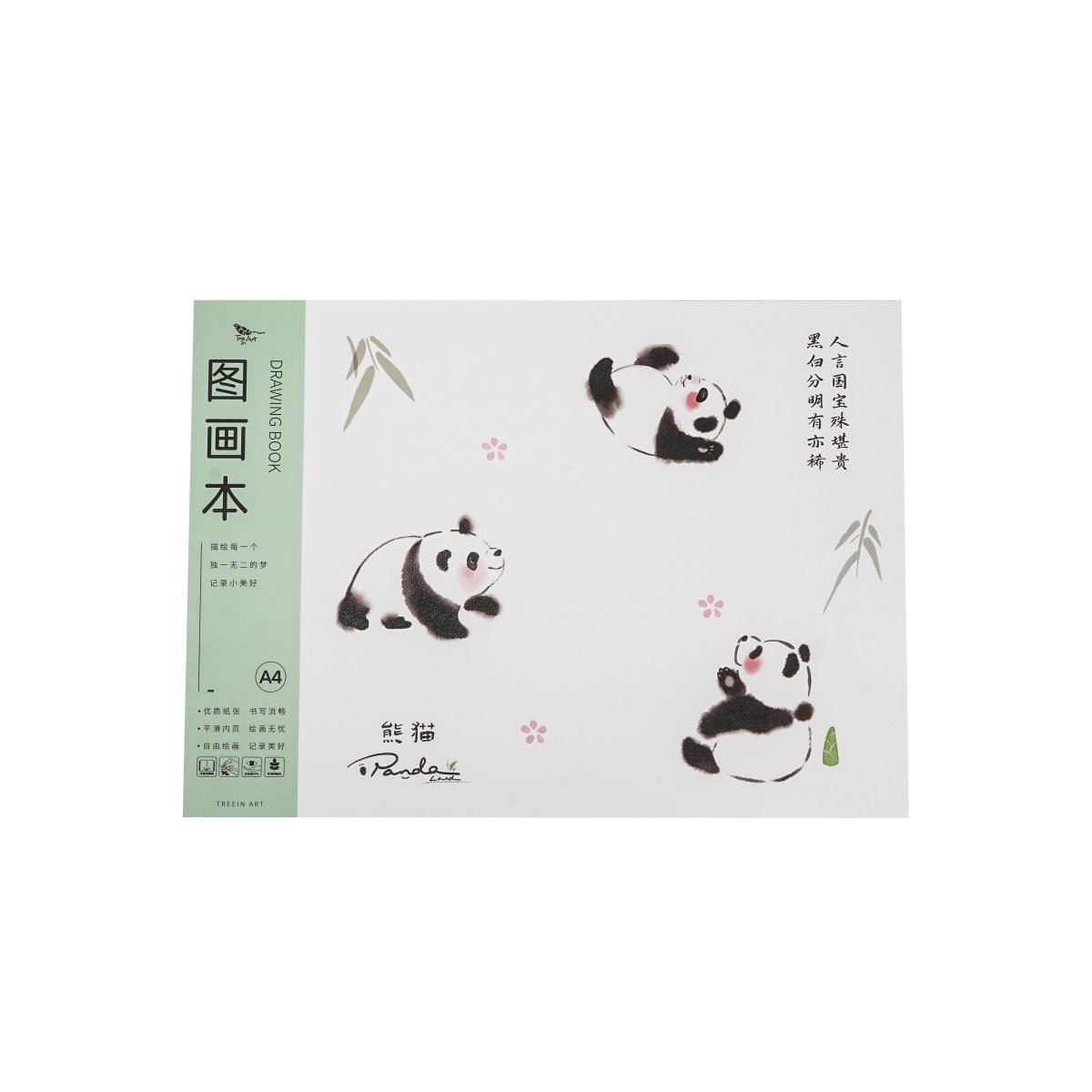 A4 panda drawing book cover with three pandas and small paw-print accents