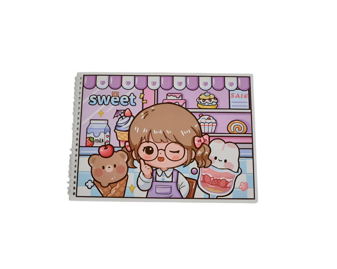 A4 small dessert themed spiral notebook cover with cartoon girl and food, purple-pink