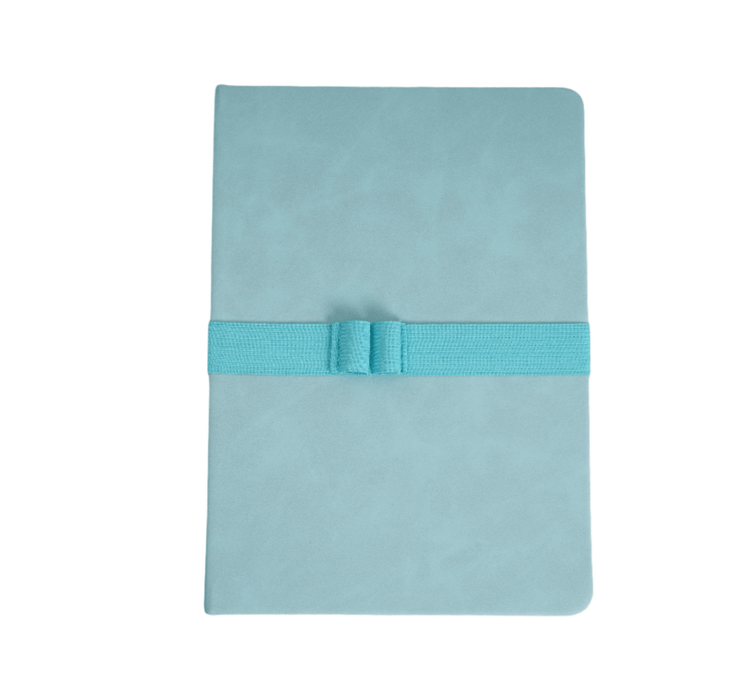 A5 hardcover dot grid notebook in teal with blue elastic closure