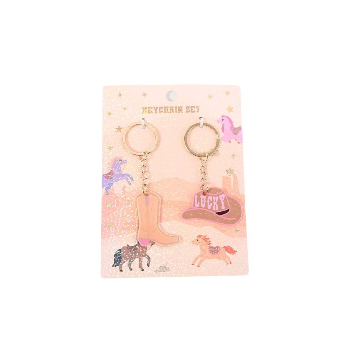 Acrylic keychain set with two gold-tone rings, lucky boot and hat charms