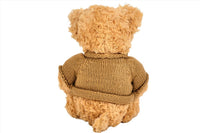Teddy bear back view wearing brown knitted sweater with ribbed hem, tan plush