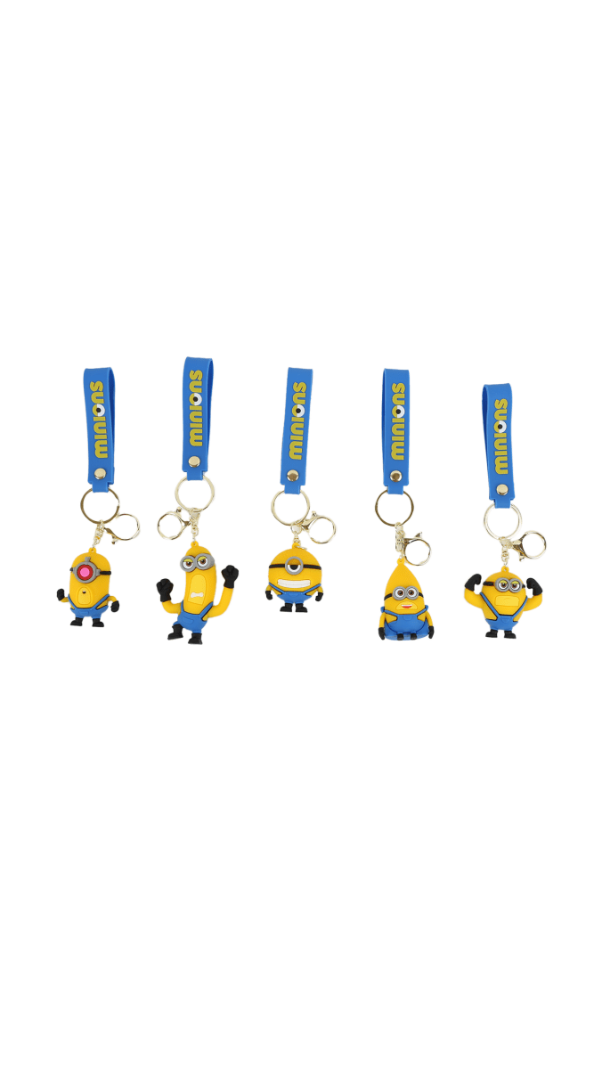 Set of Minions silicone keychains with blue straps and double key rings