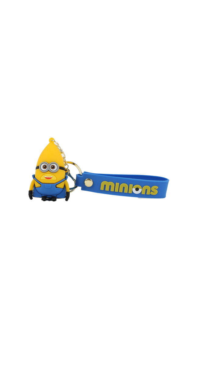 Minion silicone keychain with blue strap and key rings, posed waving