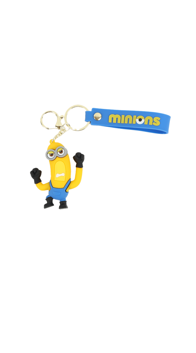 Minion silicone keychain with blue strap, key rings, and standing character charm