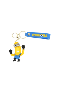 Minion silicone keychain with blue strap, key rings, and standing character charm