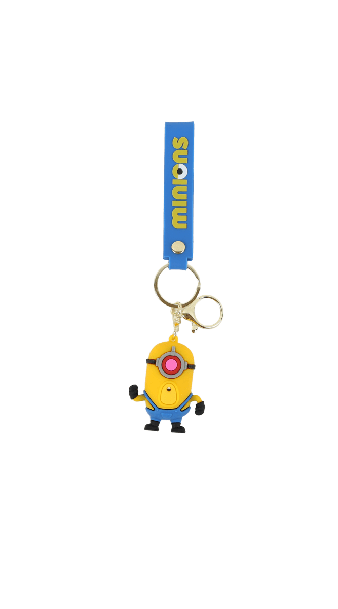 Minions silicone keychain with blue strap, round character charm, and two key rings