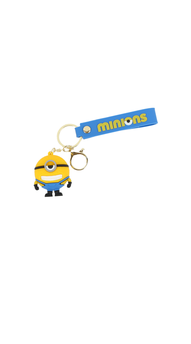 Minion silicone keychain with blue strap and two key rings, character charm