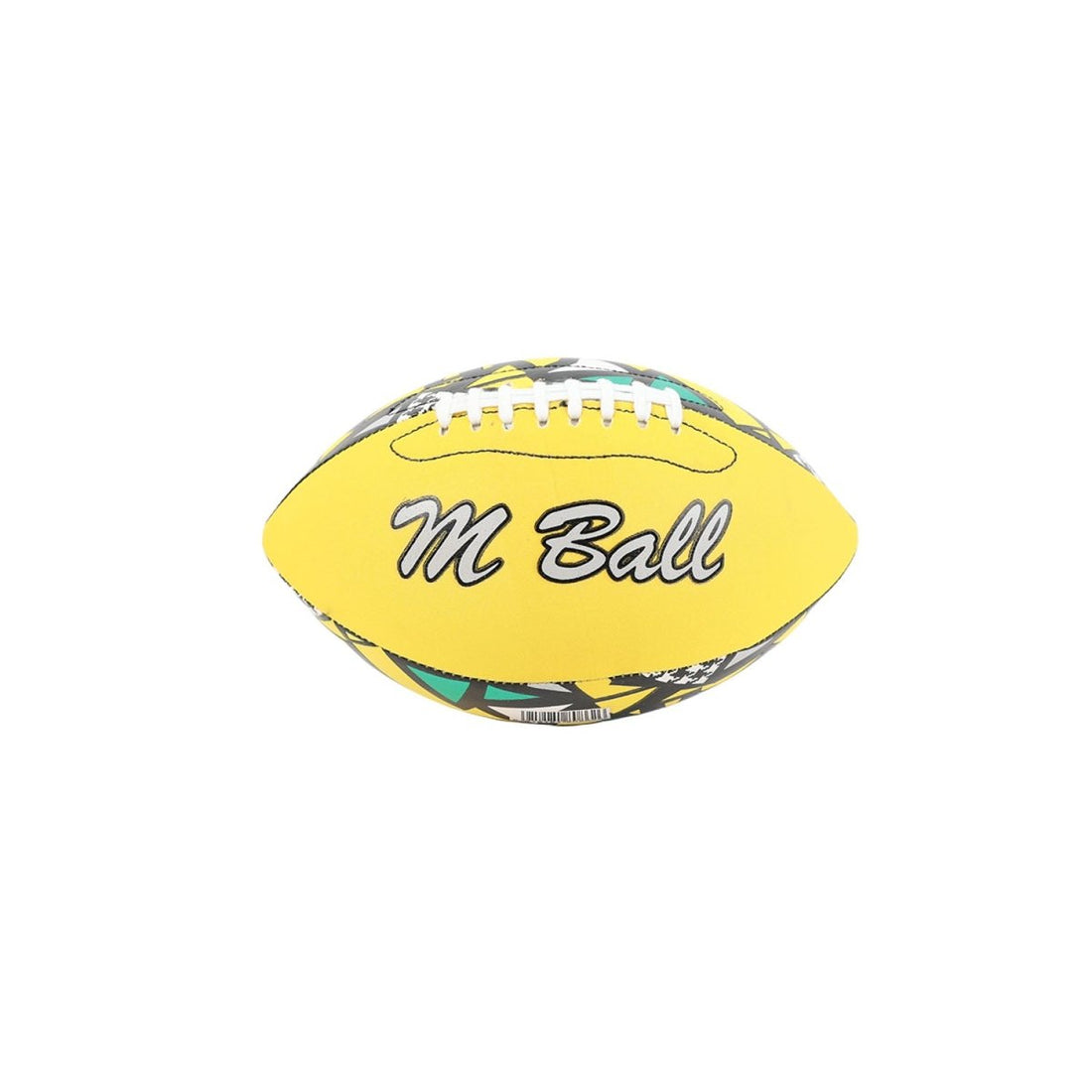 Yellow American football toy with 'M Ball' logo and stitched ball-edge detail