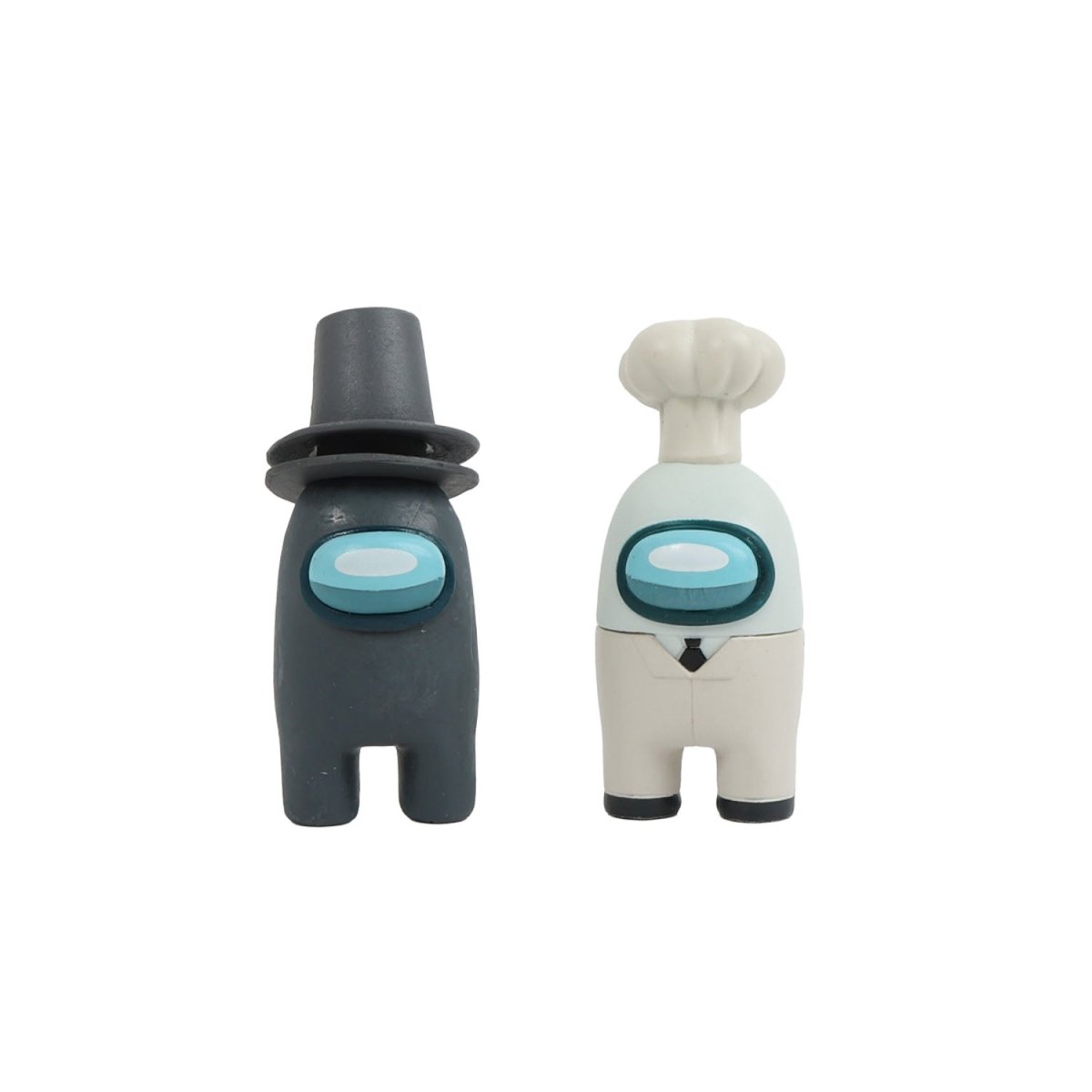 Among Us crewmate figures: dark crewmate with black top hat, white crewmate with chef hat