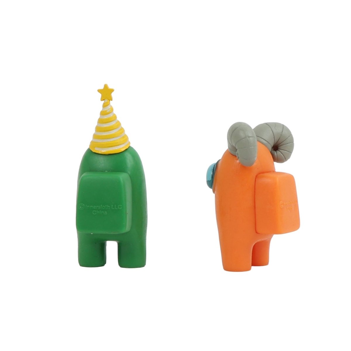 Among Us crewmate figure pair: green crewmate with star cone hat, orange crewmate with round headpiece