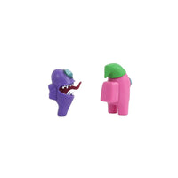 Crewmate toy figures from side: purple with open mouth, pink with green cap.