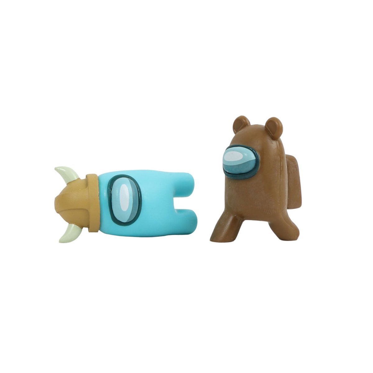 Two crewmate figures: teal with gold horn-like head piece and brown with bear ears