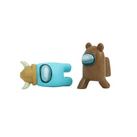 Two crewmate figures: teal with gold horn-like head piece and brown with bear ears