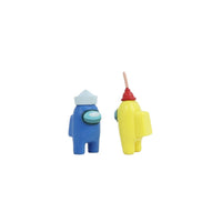 Among Us crewmate figures: blue crewmate with white headpiece, yellow crewmate with red horn