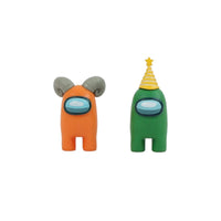 Two crewmate figures: orange with gray ear hat and green with gold party hat
