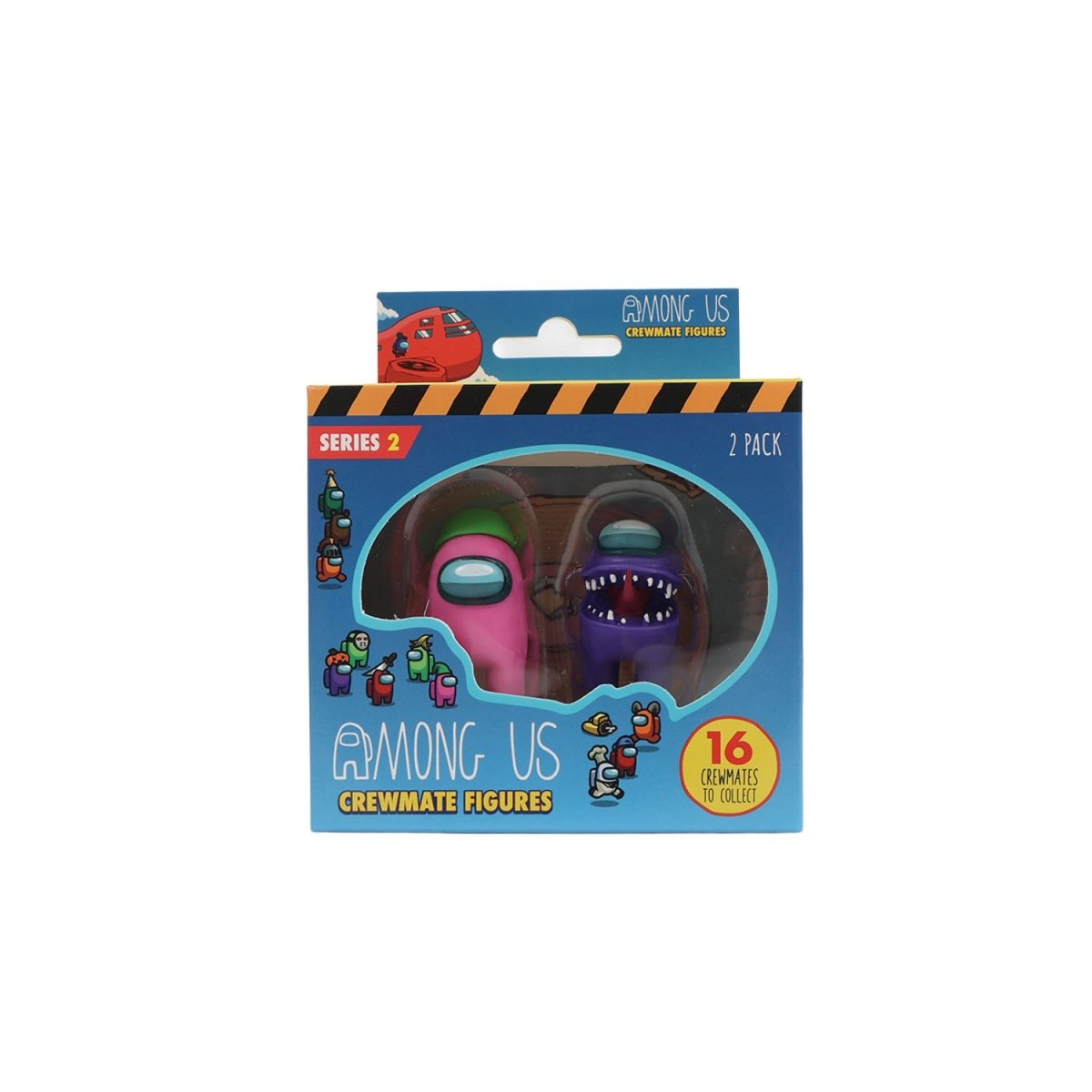 Among Us crewmate figures 2-pack Series 2 window box, purple and pink crewmates visible