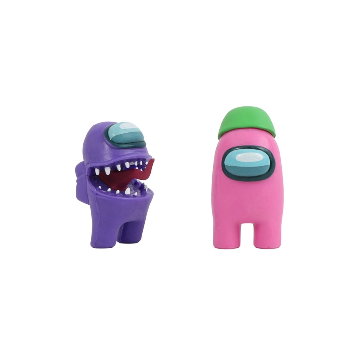 Among Us crewmate figures: purple and pink crewmates with jagged mouths and stylized hats
