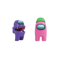 Among Us crewmate figures: purple and pink crewmates with jagged mouths and stylized hats