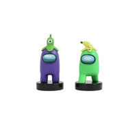 Two crewmate stampers: purple and green figures with small head details, black bases