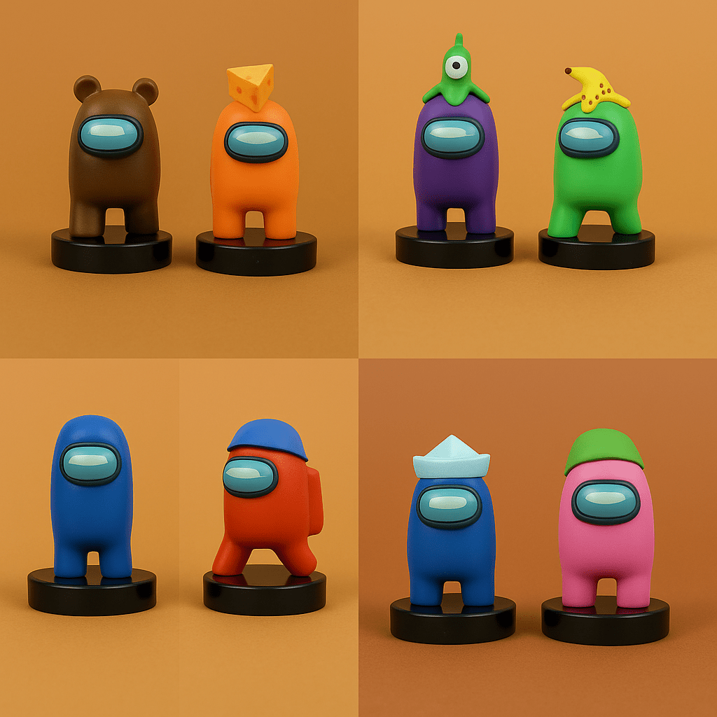Two-pack crewmate stampers, assorted colored figures on round black bases