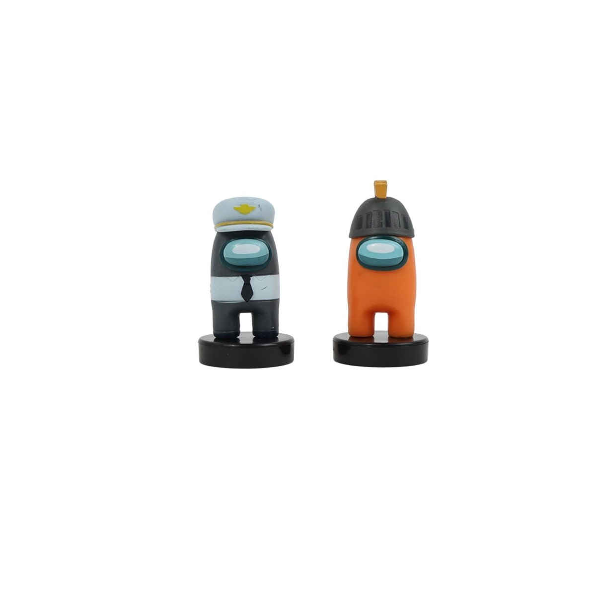 Two crewmate stampers: light blue with cap emblem and orange with dark cap