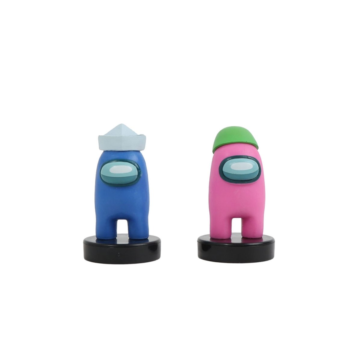 Two crewmate stampers: blue and pink figures with white and greenish hats, black bases