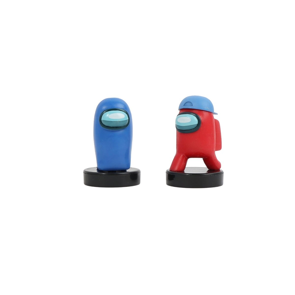 Two crewmate stampers: blue and red figures with hats, black bases
