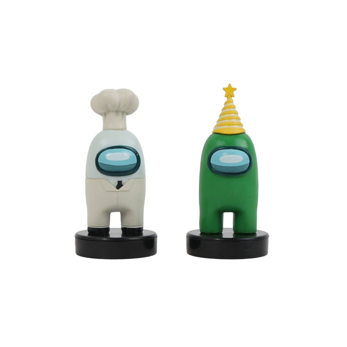 Two crewmate stampers: white chef-hat and green with yellow party hat