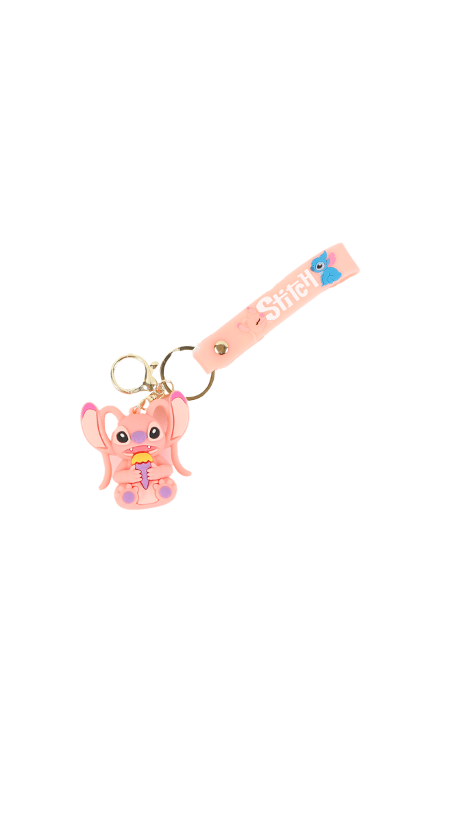 Pink Stitch character keychain charm with keyring and stitched strap detail