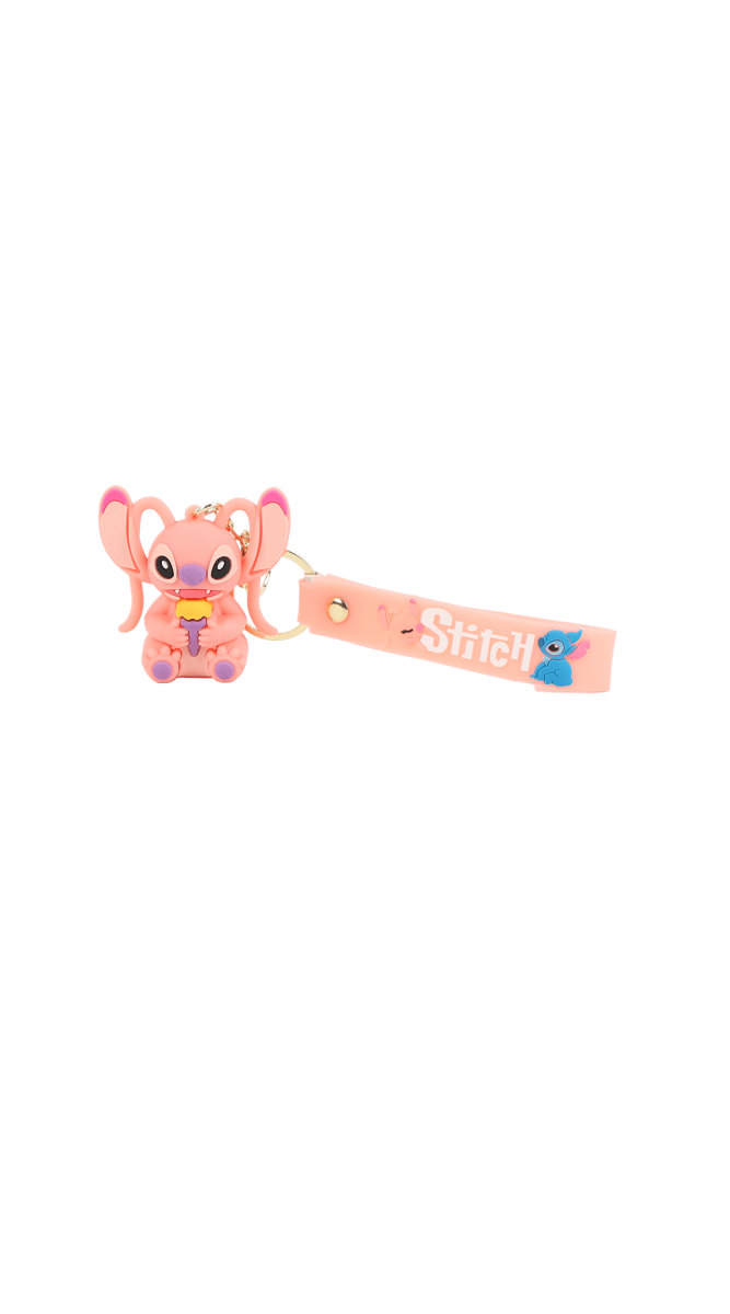 Pink Stitch character keychain with strap charm and small keyring loop