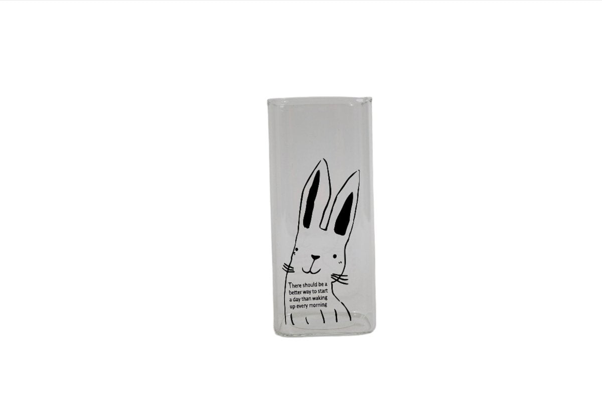 Animal printed glass bottle with black rabbit illustration