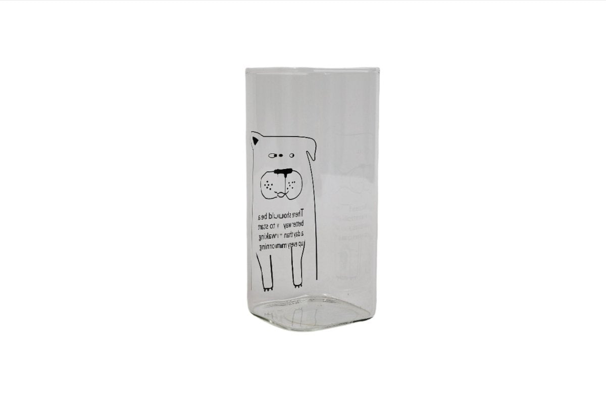Animal printed glass bottle with black dog illustration on front