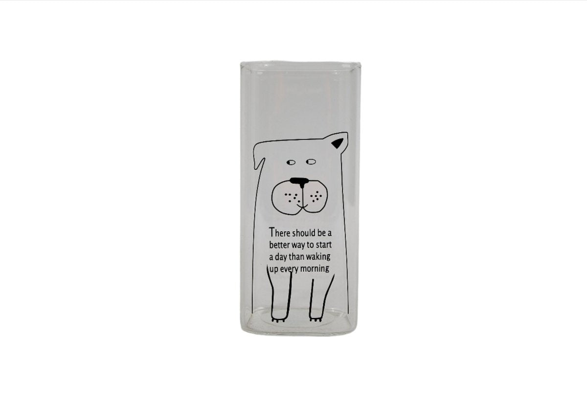 Animal printed glass bottle with black dog illustration and text