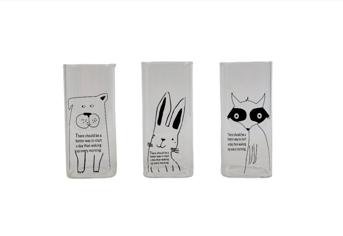Set of three animal printed glass bottles with cat, rabbit, and dog