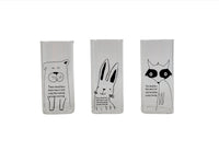 Set of three animal printed glass bottles with cat, rabbit, and dog