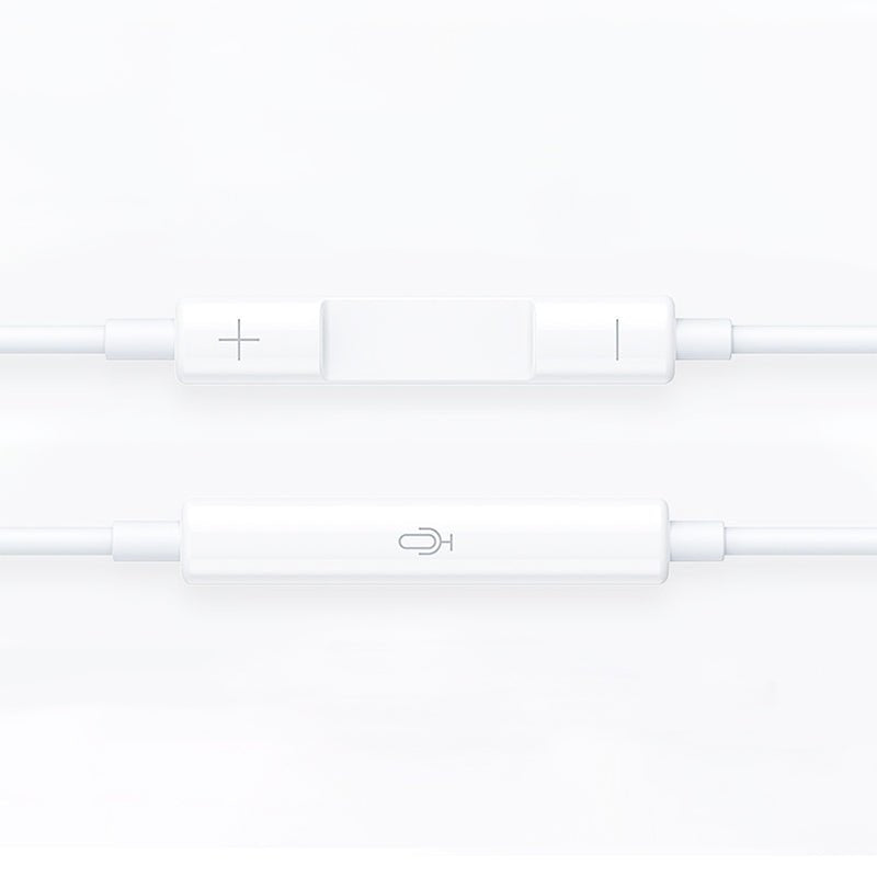 White Lightning earbuds inline remote modules with plus and minus icons