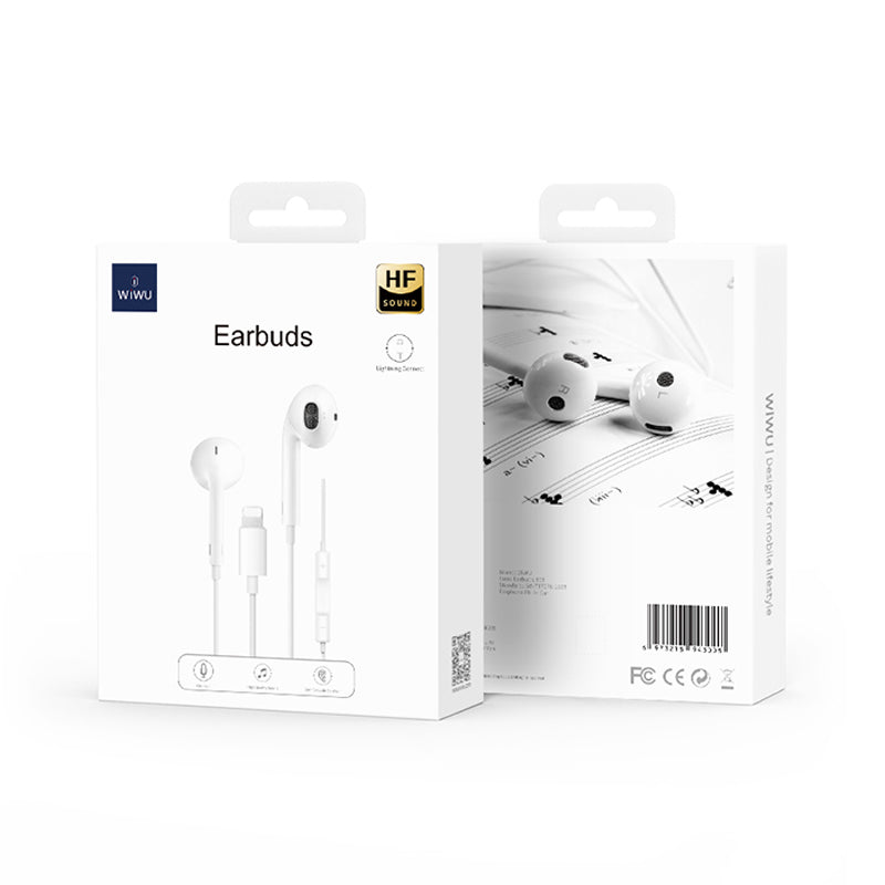 Earbud retail box with white Lightning earbuds shown in packaging
