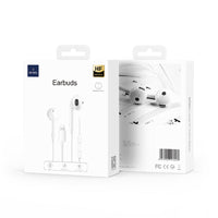 Earbud retail box with white Lightning earbuds shown in packaging