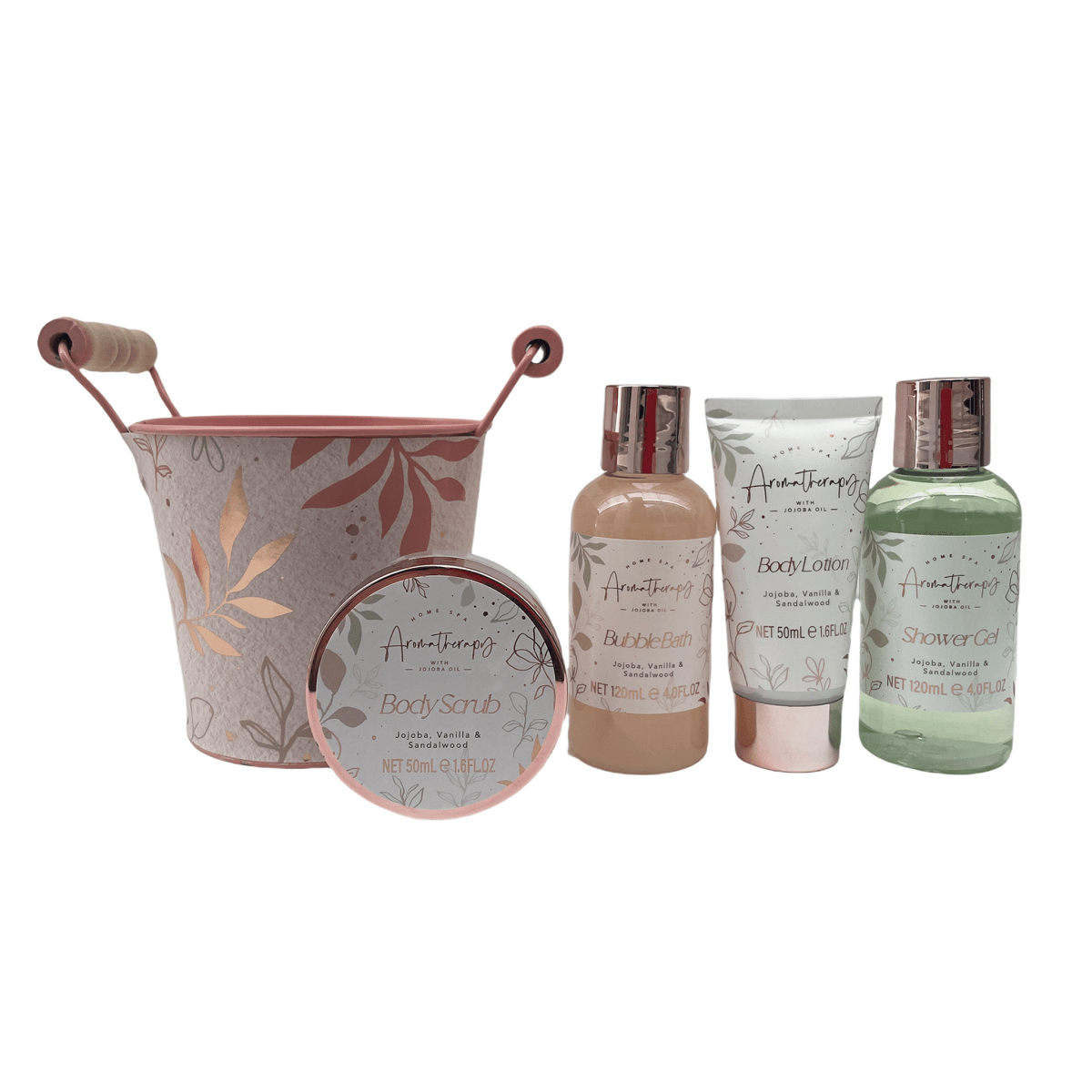 Floral aromatherapy bath gift set with bucket and bubble bath, lotion, shower gel bottles